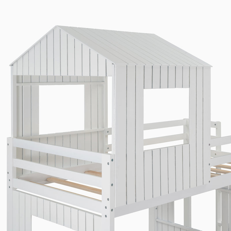 Wooden Twin Over Full Bunk Bed, Loft Bed with Playhouse, Farmhouse, Ladder and Guardrails, White( old sku: LT000027AAK )