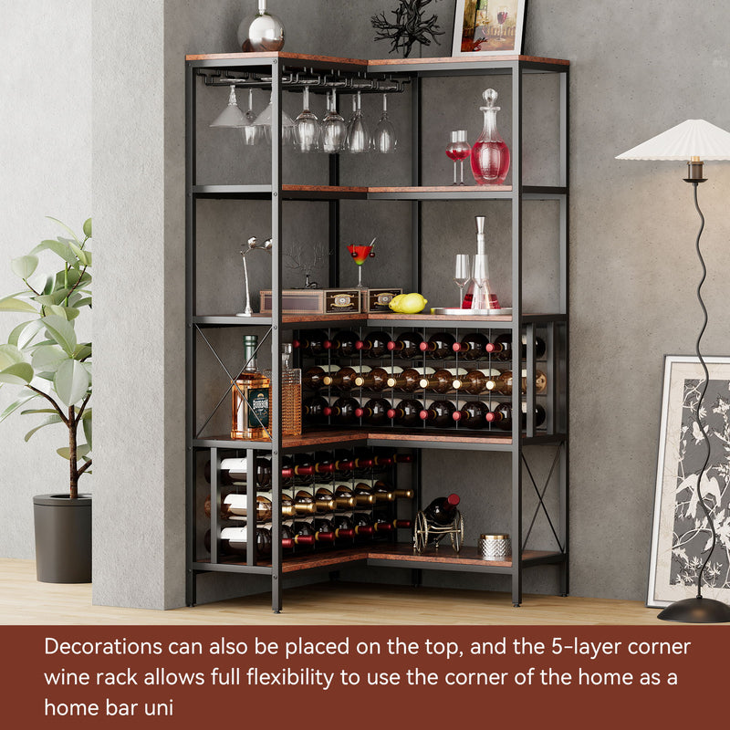 Corner Wine Rack Bar Cabinet Industrial Freestanding Floor Bar Cabinets For Liquor And Glasses Storage For Home Kitchen - Walnut / Black