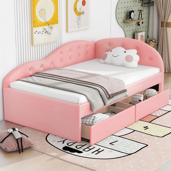 Twin Size PU Upholstered Tufted Daybed with Two Drawers and Cloud Shaped Guardrail, Pink