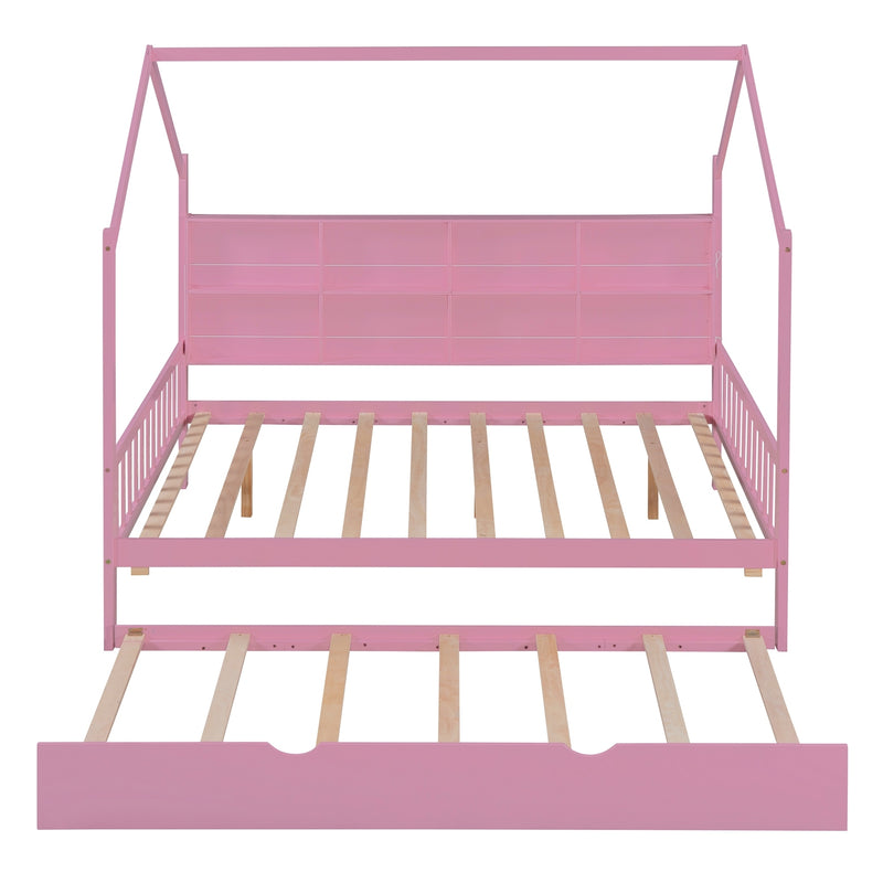 Wooden Full Size House Bed with Trundle,Kids Bed with Shelf,Pink