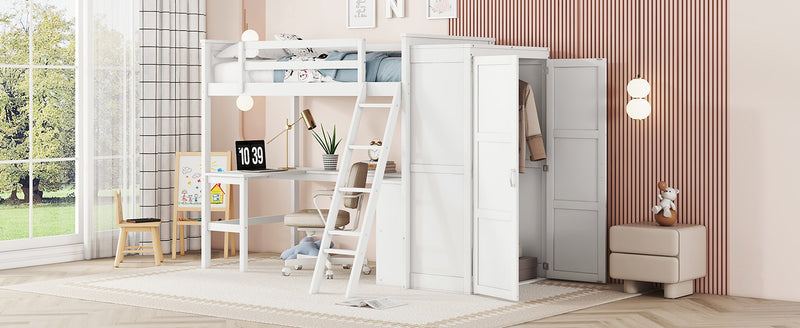 Twin size Loft Bed with Desk, Shelves and Wardrobe-White