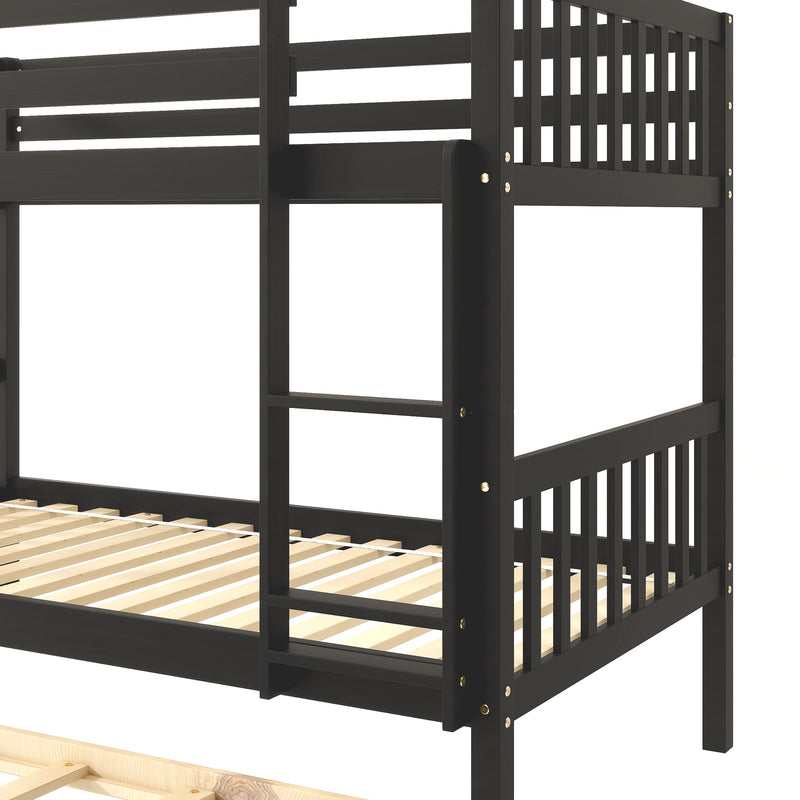 Twin Over Twin Bunk Beds with Trundle, Solid Wood Trundle Bed Frame with Safety Rail and Ladder, Kids/Teens Bedroom, Guest Room Furniture, Can Be converted into 2 Beds,Espresso