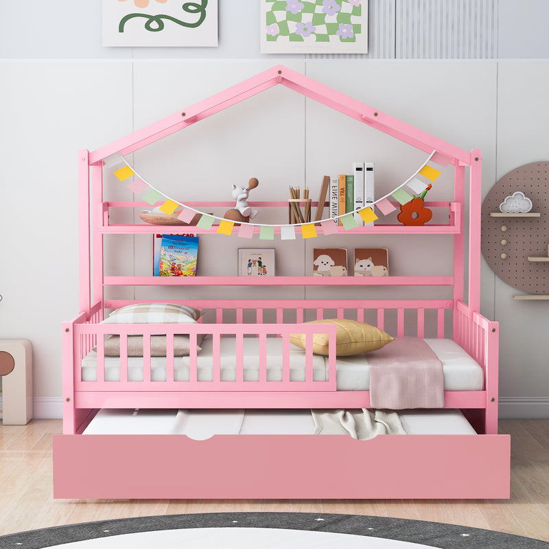 Wooden Twin Size House Bed with Trundle,Kids Bed with Shelf, Pink