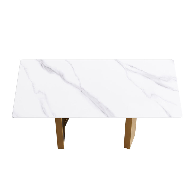 70.87" Modern Artificial Stone Straight Edge Golden Metal Leg Dining Table, Can Accommodate 6-8 People - White / Gold