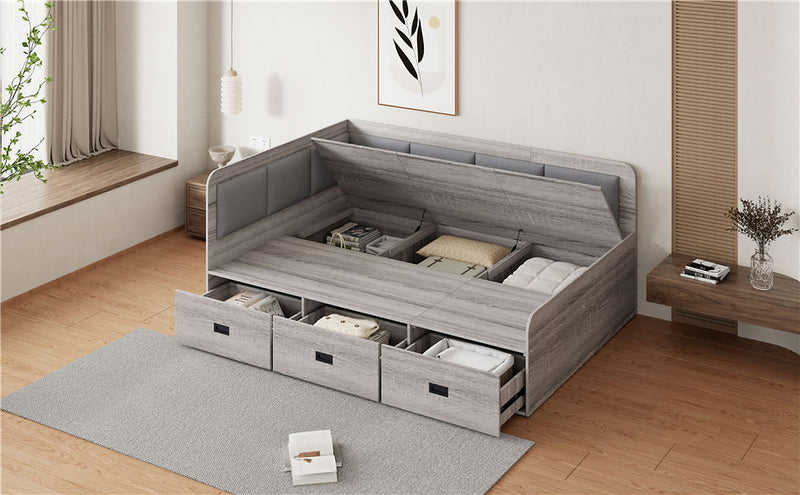 Full Size Daybed With Three Drawers And Three Storage Compartments - Gray