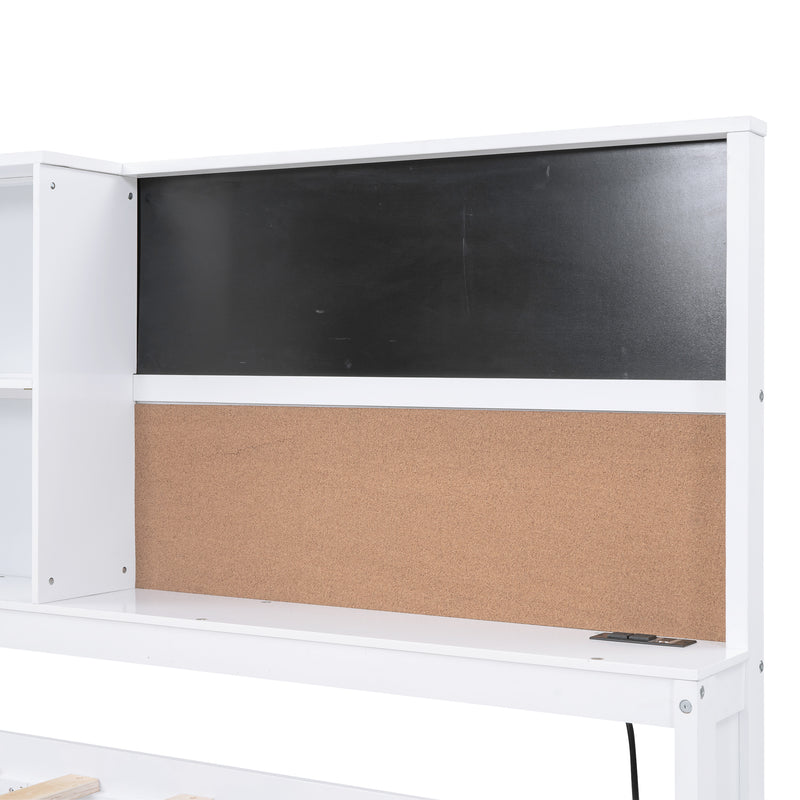 Twin Size Daybed with Storage Shelves, Blackboard, Cork board, USB Ports and Twin Size Trundle, White