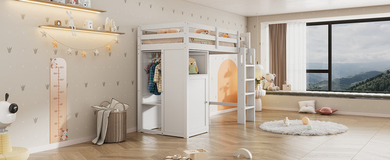 Twin Loft Bed with Wardrobe, Storage Shelves and Ladder, White