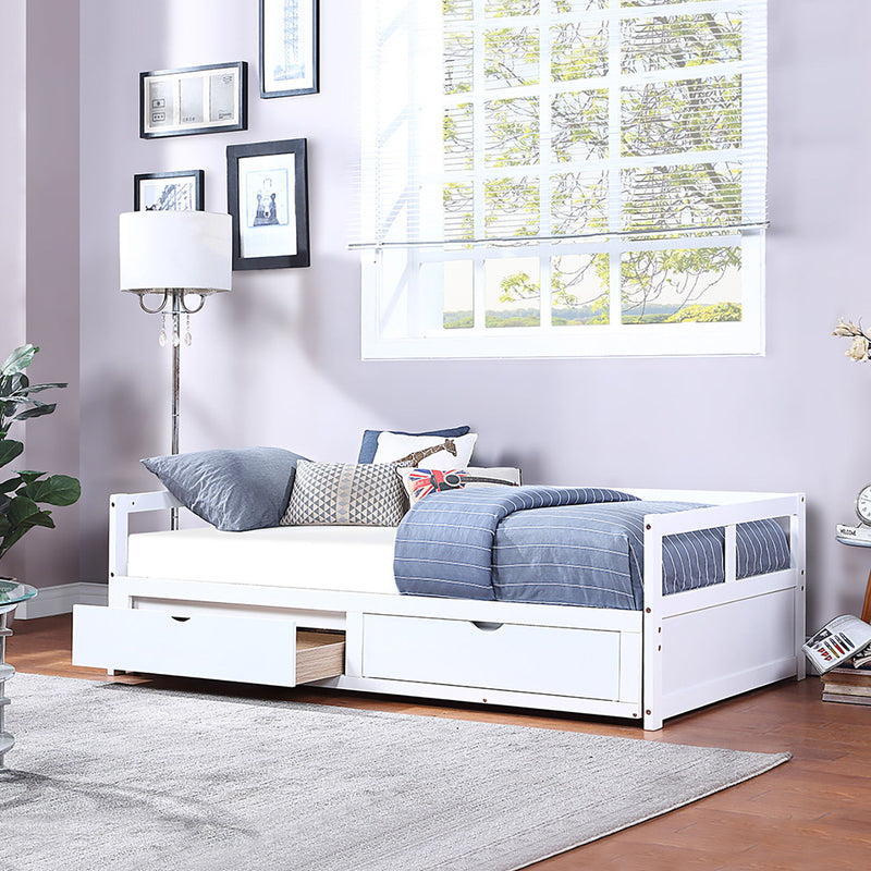 Wooden Daybed With Trundle Bed And Two Storage Drawers, Extendable Bed Daybed, Sofa Bed For Bedroom Living Room - White