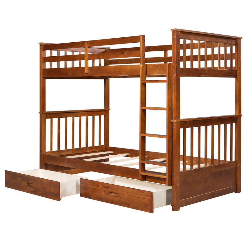 Twin-Over-Twin Bunk Bed with Ladders and Two Storage Drawers (Walnut)(OLD SKU:LT000265AAD)