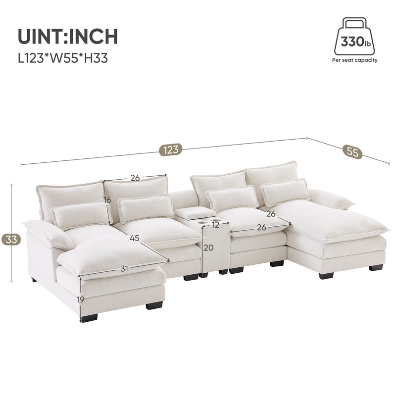 Modern U Shaped Sofa With Console, Cupholders And USB Ports, 6 Seat Upholstered Symmetrical Indoor Furniture, Sleeper Couch Set With Chaise For Living Room, Apartment, 2 Colors - White