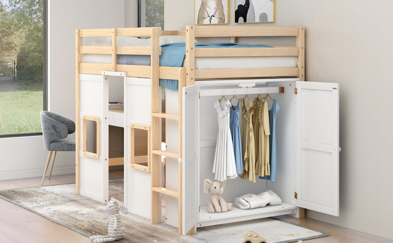 Wood Twin Size Loft Bed with Built-in Storage Wardrobe and 2 Windows, Natural/White