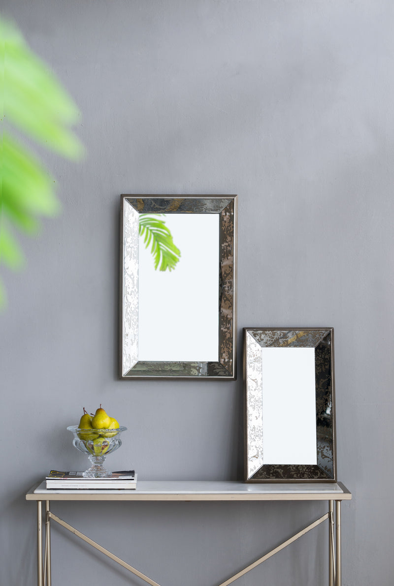 Rectangle Wall Mirror With Floral Accents, Mirrored Display Tray, Hanging Mirror - Antique Silver