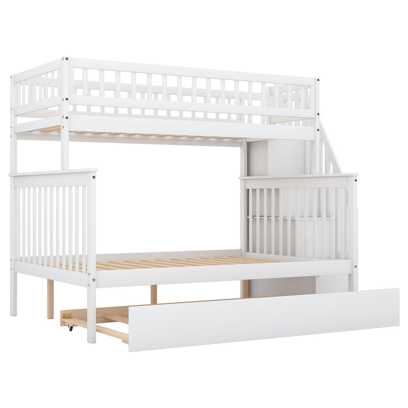 Twin over Full Bunk Bed with Trundle and Staircase,White