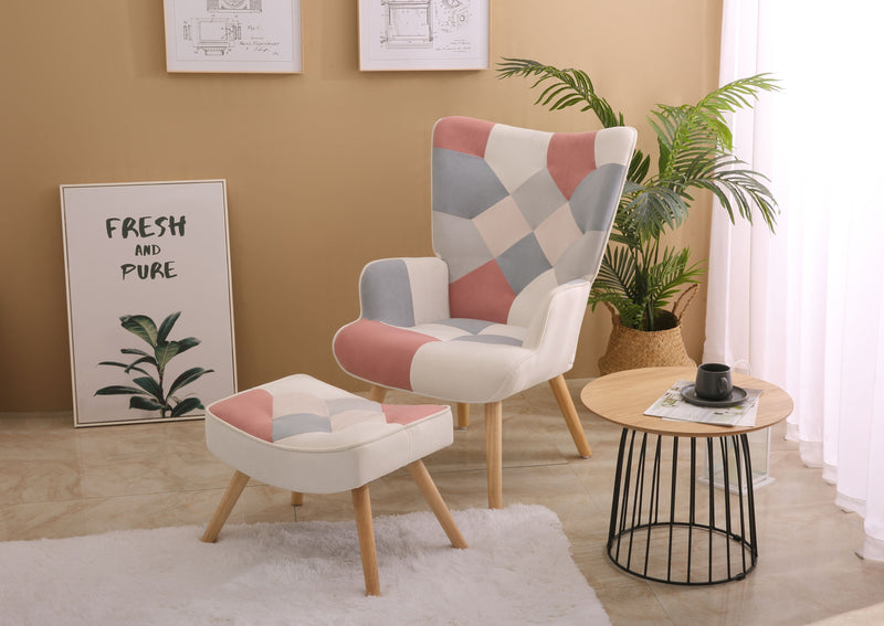 Accent Chair With Ottoman, Living Room Chair And Ottoman Set, Comfy Side Armchair For Bedroom, Creative Splicing Cloth Surface