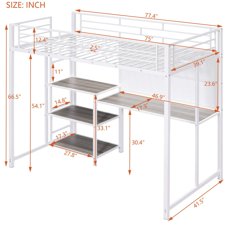 Twin Size Loft Bed With Desk And Whiteboard, Metal Loft Bed With 3 Shelves And Ladder - White