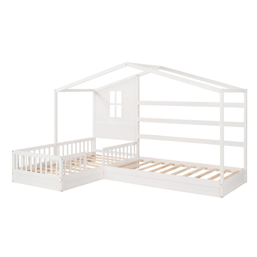 Wood House Bed Twin Size, 2 Twin Solid Bed L structure with fence and slatted frame, White