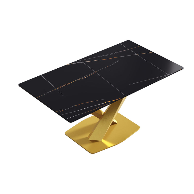 63" Modern Artificial Stone Straight Edge Golden Metal X-Leg Dining Table, 6 People