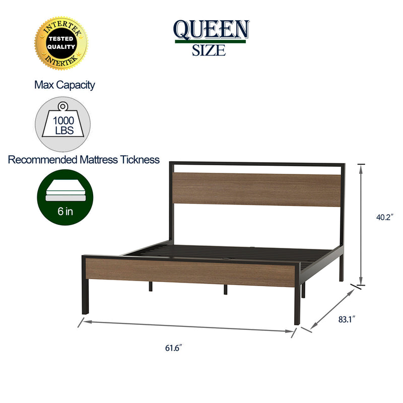 Ceres Metal Bed, Black with Cinnamon Wood Headboard & Footboard, Queen