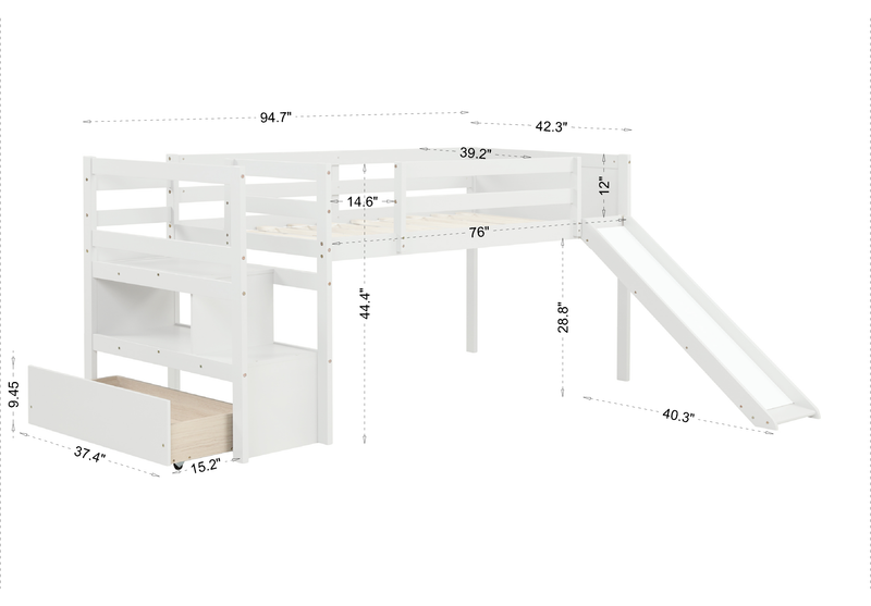 Twin Low Loft Bed with Stairs and Slide