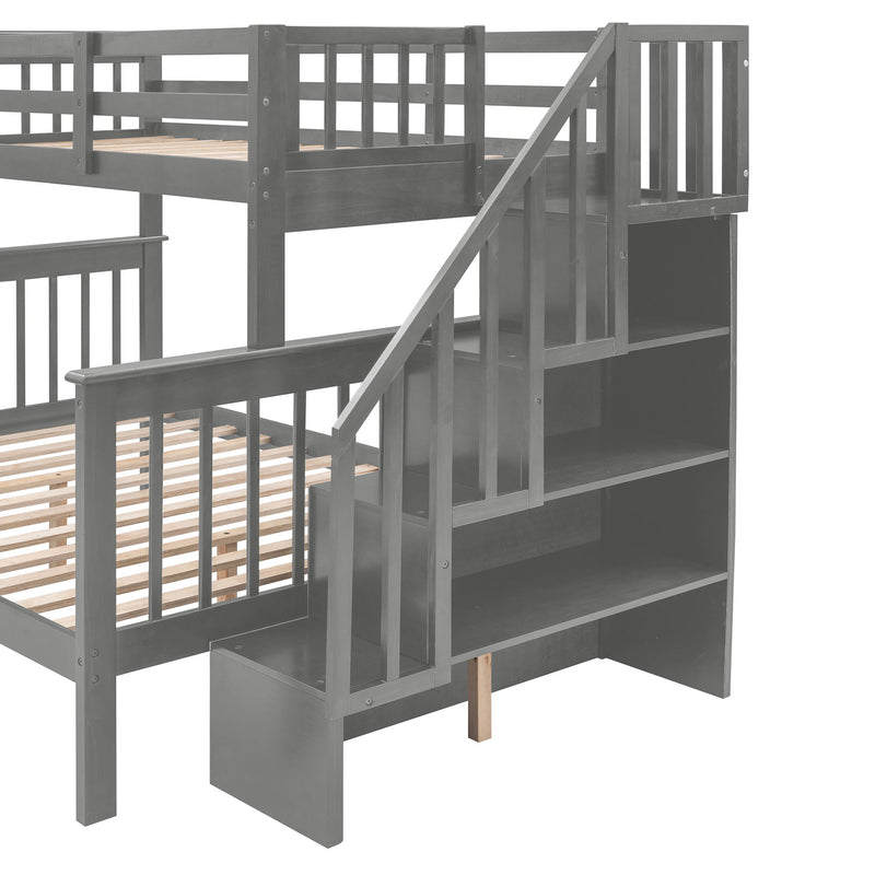 Twin Over Full Stairway Bunk Bed With Drawer, Storage And Guard Rail For Bedroom, Dorm, For Adults