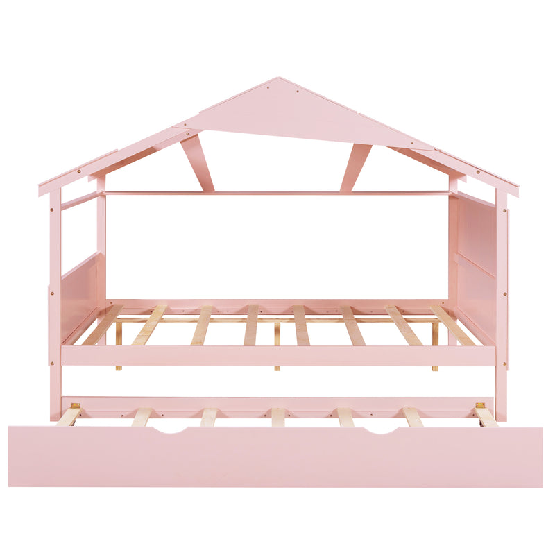 Wood Full Size House Bed with Twin Size Trundle and Storage, Pink