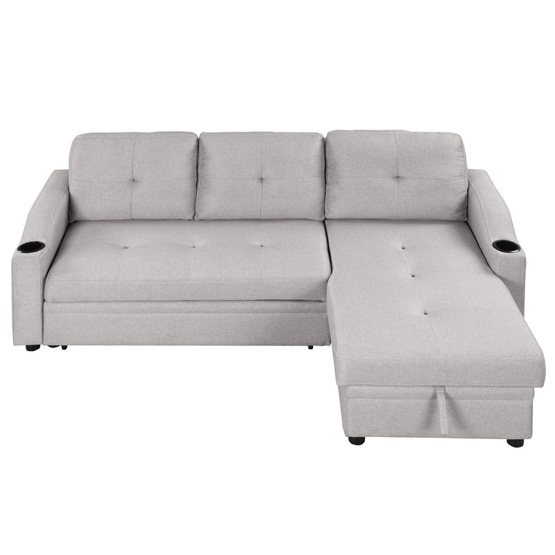 Pull Out Sofa Bed Modern Padded Upholstered Sofa Bed, Linen Fabric 3 Seater Couch With Storage Chaise And Cup Holder, Small Couch For Small Spaces