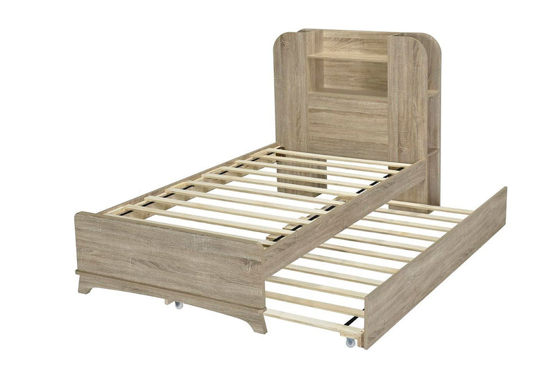 Twin Size Storage Platform Bed Frame with with Trundle and Light Strip Design in Headboard,Natural