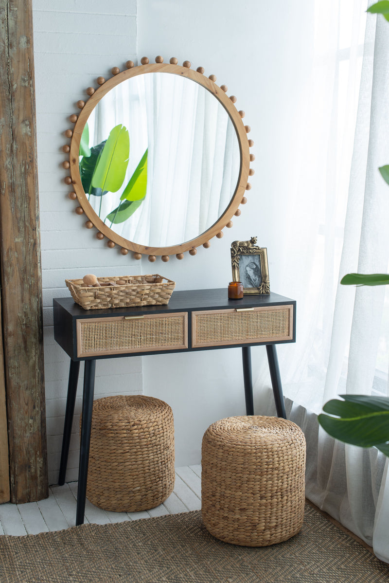 Wood Round Mirror With Beaded Frame, Circle Wall Mirror For Living Room Bedroom Entryway - Brown