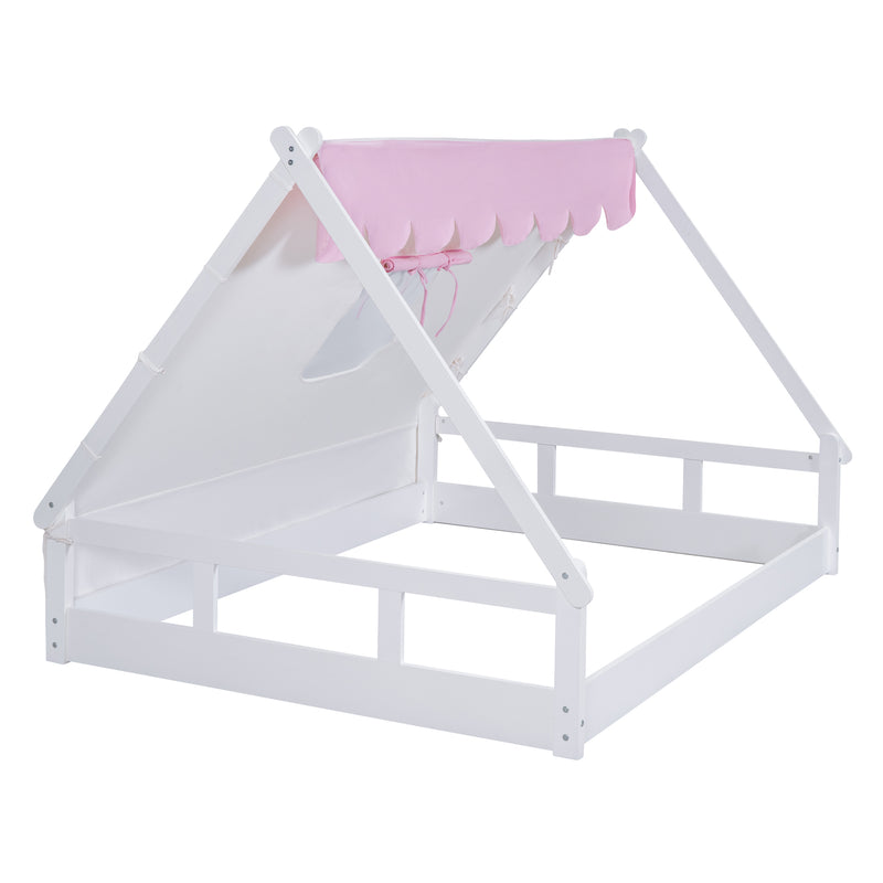 Wooden Full Size Tent Bed with Fabric for Kids,Platform Bed with Fence and Roof, White+Pink