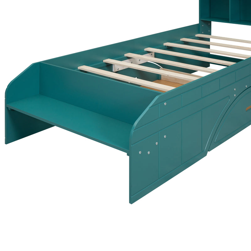 Wood Twin Size Platform Bed with 2 Drawers, Storage  Headboard and Footboard, Dark Green