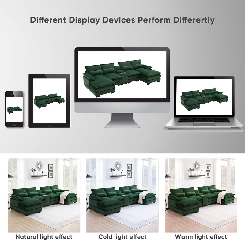 Modern U Shaped Sofa With Console, Cupholders And USB Ports, 6 Seat Upholstered Symmetrical Indoor Furniture, Sleeper Couch Set With Chaise For Living Room, Apartment, 5 Colors - Green