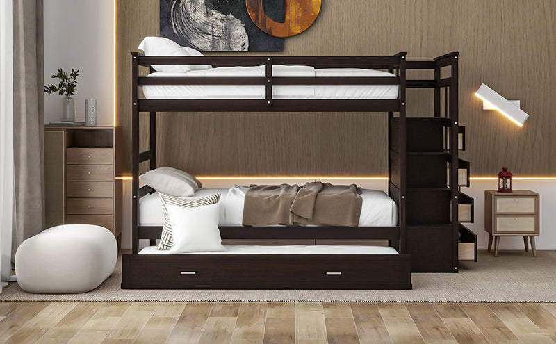 Twin Over Twin Bunk Bed with Trundle and Staircase,Espresso(OLD SKU:LT000068AAP)