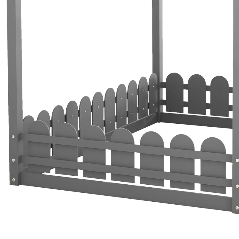 (Slats are not included)Full Size Wood Bed House Bed Frame with Fence, for Kids, Teens, Girls, Boys (Gray )(OLD SKU:WF281294AAE)