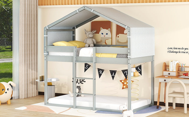 Twin Over Twin Bunk Bed Wood Bed with Tent, Gray