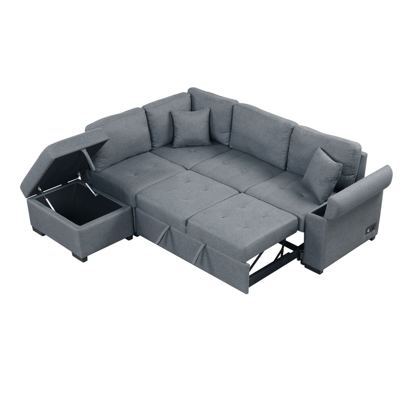 Sleeper Sectional Sofa, L-Shape Corner Couch Sofa Bed With Storage Ottoman & Hidden Arm Storage & USB Charge For Living Room Apartment