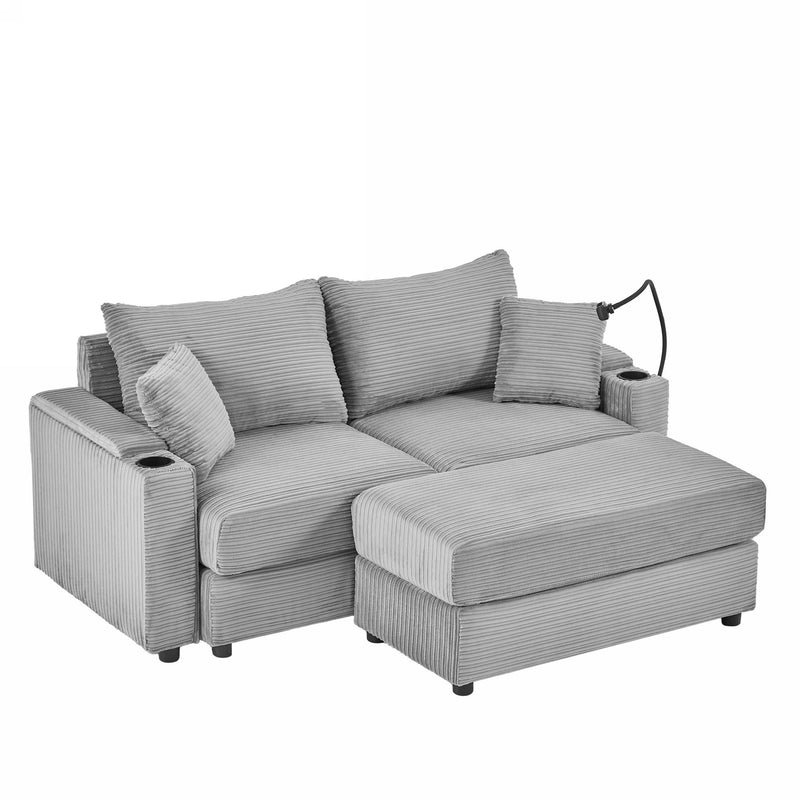 Modern Style Loveseat Sofa Sectional Sofa Couch With Storage Space, A Movable Ottoman, Two USB Ports, Two Cup Holders, A Phone Holder For Living Room