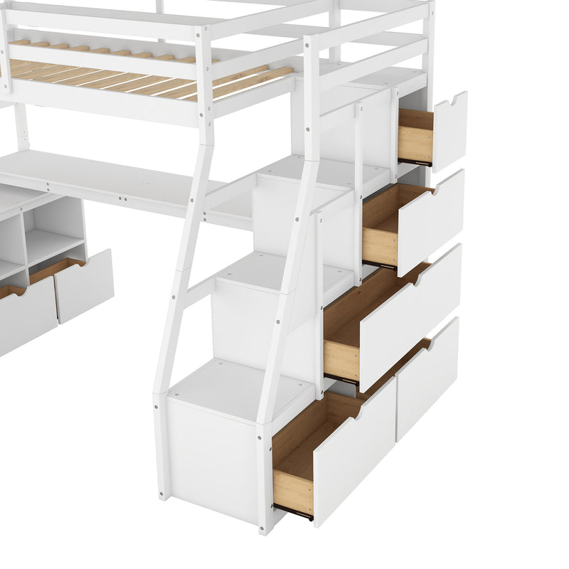 Twin Size Loft Bed with 7 Drawers 2 Shelves and Desk - White