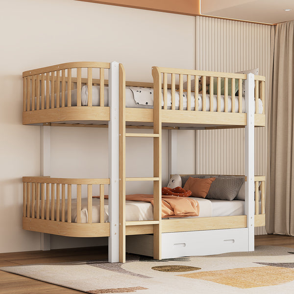 Wood Twin over Twin Bunk Bed with Fence Guardrail and a Big Drawer, Natural White