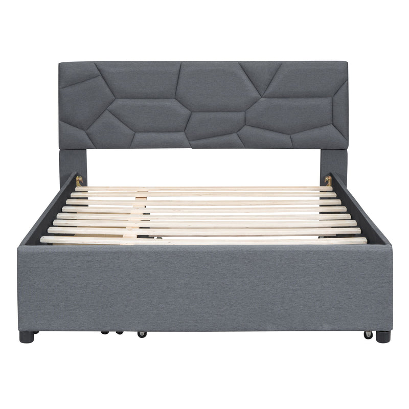 Full Size Upholstered Platform Bed With Brick Pattern Headboard, With Twin Size Trundle And 2 Drawers, Linen