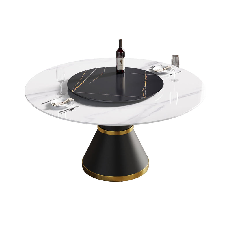 Modern Artificial Stone Round Carbon Steel Base Dining Table, Artificial Stone Turntable