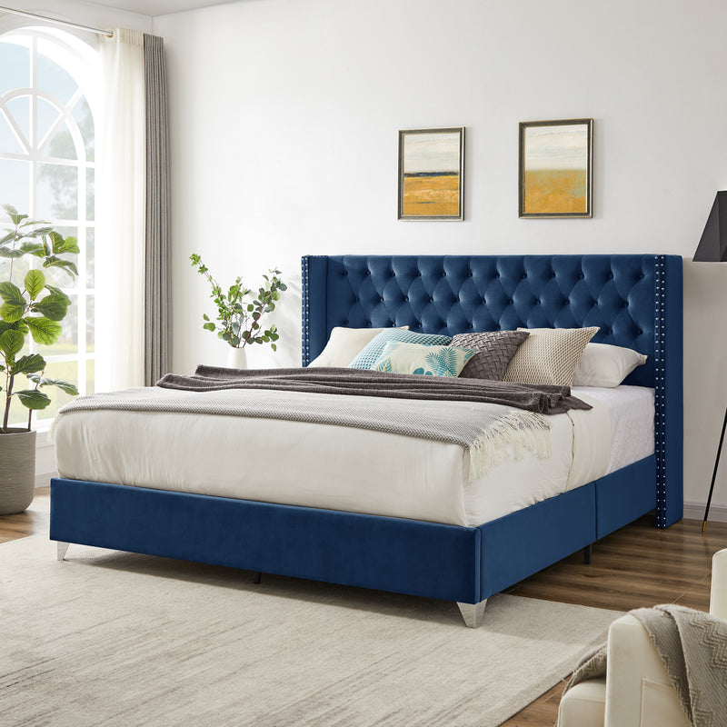 B100S King bed, Button designed Headboard,strong wooden slats + metal legs with Electroplate