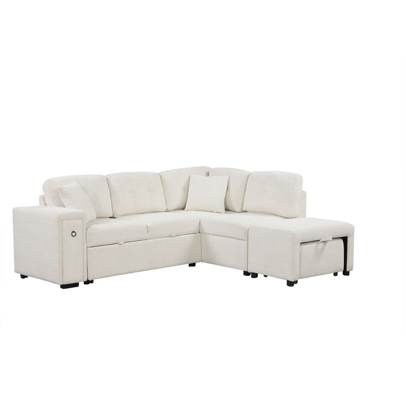 Sectional Sofa L-Shaped Sofa Couch Pull-Out Sofa Bed With A Movable Ottoman, Two USB Ports And Two Cup Holders For Living Room