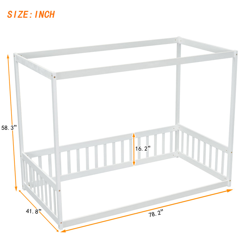 Twin Size Canopy Frame Floor Bed with Fence, Guardrails,White