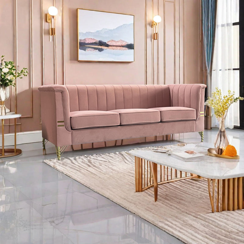 Modern Chenille Sofa, Upholstered Couch With Bolster Armrest, 3-Seat Sofa For Living Room, Bedroom, Office, Apartment, Dorm