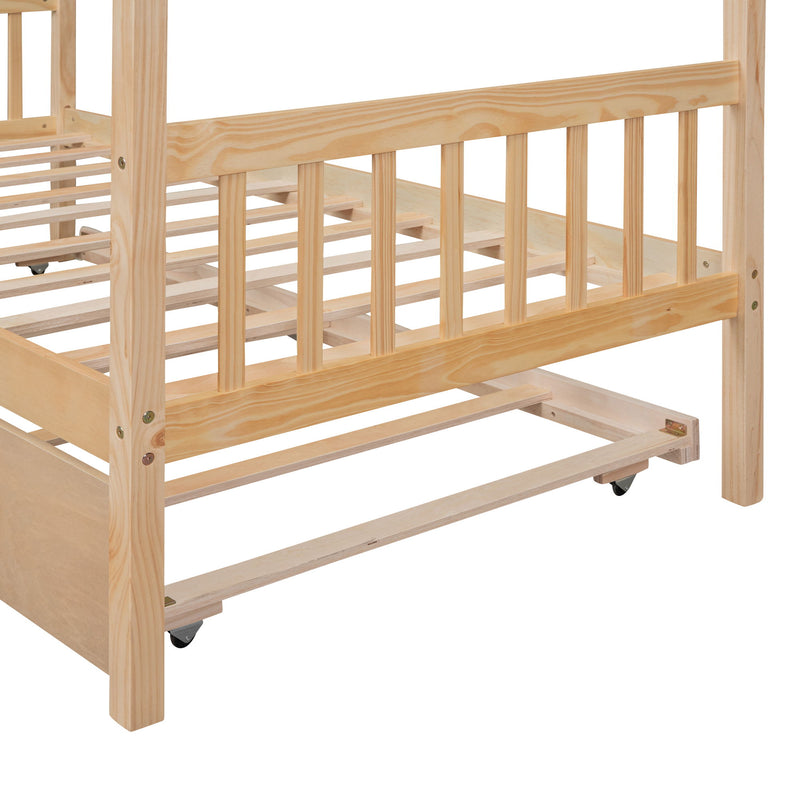 Twin Size Wooden House Bed With Twin Size Trundle - Natural