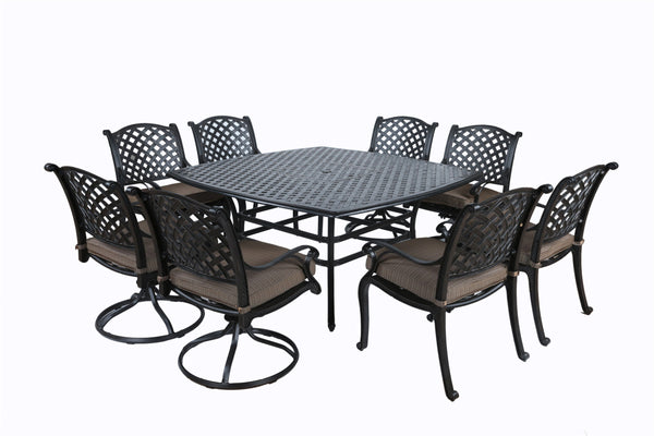 Square 8 Person 64" Long Aluminum Dining Set With Cushions - Antique Brown