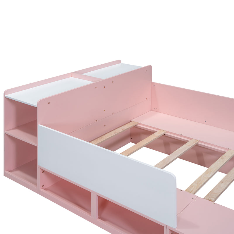 Wood Full Size Platform Bed with Storage Headboard, Guardrails and 4 Underneath Cabinets, Pink