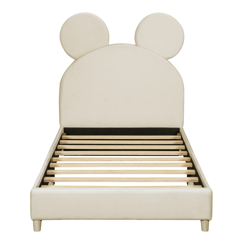 Twin Size Upholstered Platform Bed with Bear Ear Shaped Headboard, Beige