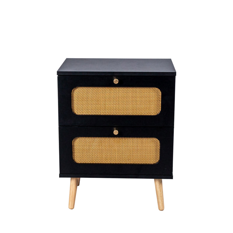 2 Drawer Rattan Nightstand For Bedroom And Living Room, End Table, Side Table With 2 Hand Made Rattan Decorated Drawers - Black