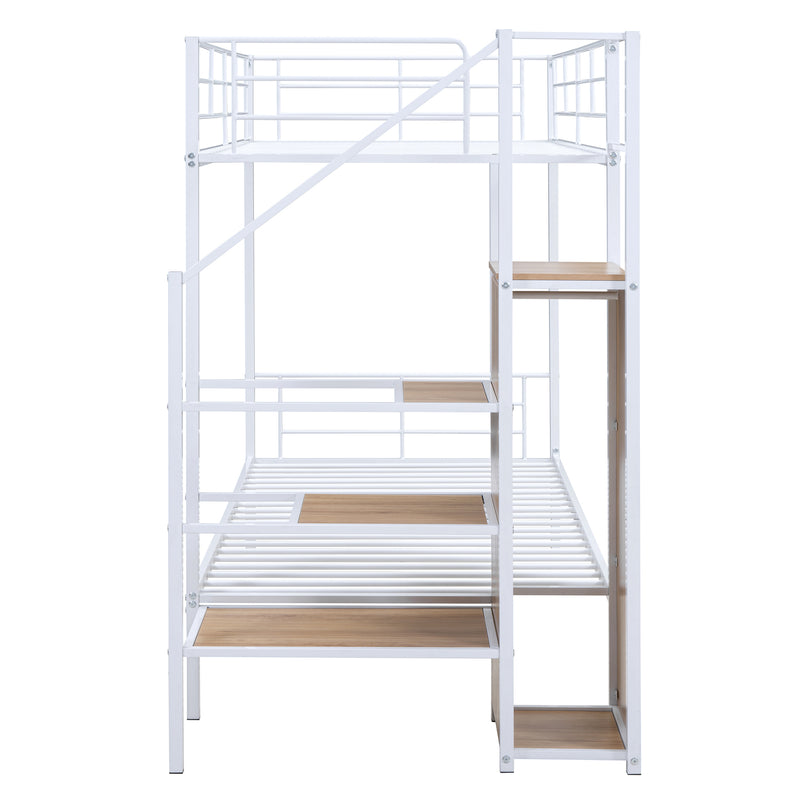 Twin Over Twin Metal Bunk Bed with Lateral Storage Ladder and Wardrobe, White